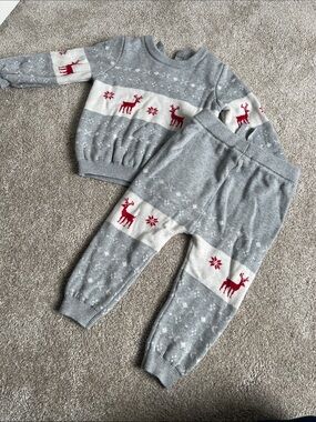 Kids Grey & White Reindeer Knit Matching Set with Red Accents